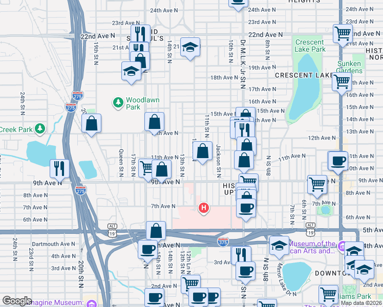 map of restaurants, bars, coffee shops, grocery stores, and more near 1101 13th Street North in St. Petersburg