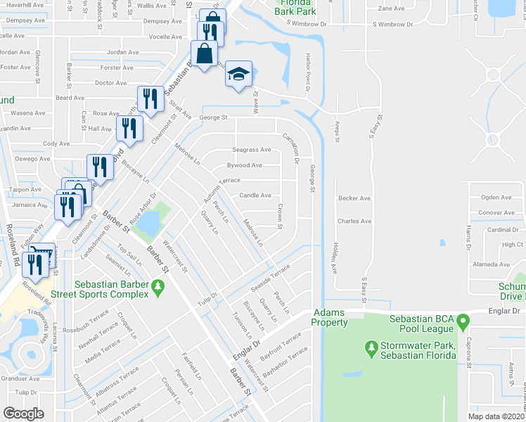 map of restaurants, bars, coffee shops, grocery stores, and more near Kendall Avenue in Sebastian