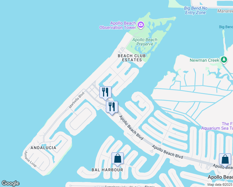 map of restaurants, bars, coffee shops, grocery stores, and more near 6501 Seabird Way in Apollo Beach