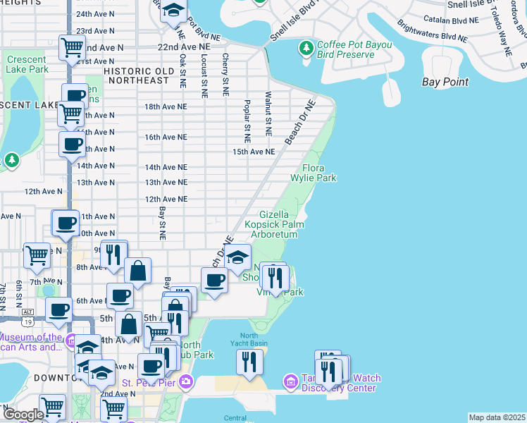 map of restaurants, bars, coffee shops, grocery stores, and more near 605 11th Avenue Northeast in St. Petersburg