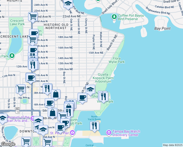 map of restaurants, bars, coffee shops, grocery stores, and more near 66 11th Avenue Northeast in St. Petersburg
