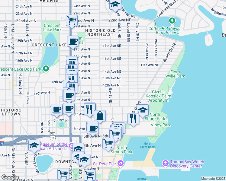 map of restaurants, bars, coffee shops, grocery stores, and more near 250 11th Avenue Northeast in St. Petersburg