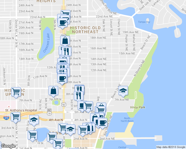 map of restaurants, bars, coffee shops, grocery stores, and more near 150 11th Avenue Northeast in St. Petersburg