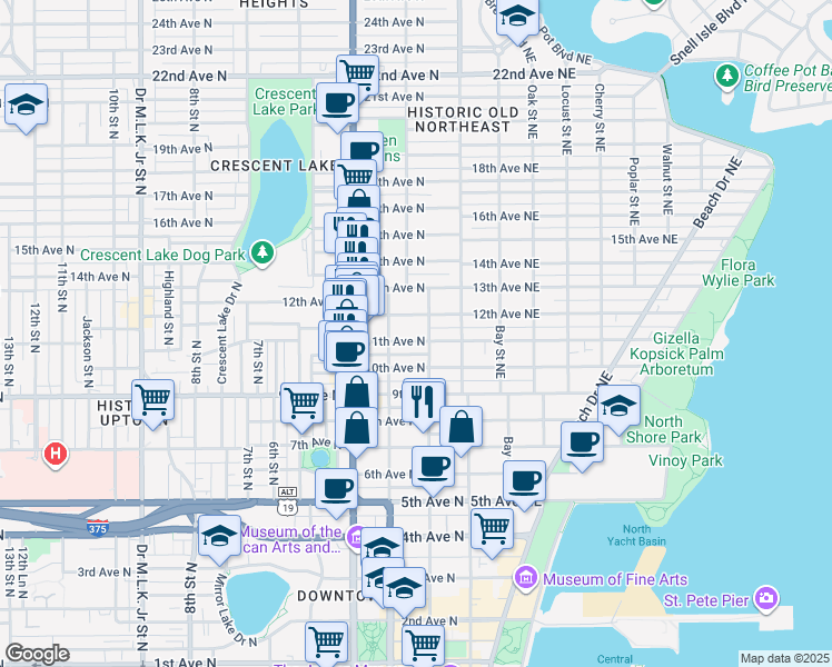 map of restaurants, bars, coffee shops, grocery stores, and more near 218 11th Avenue North in St. Petersburg