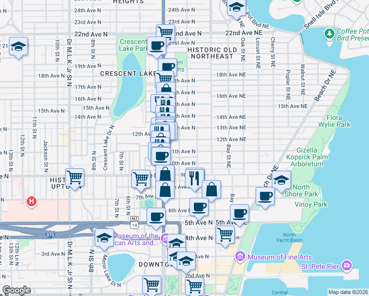 map of restaurants, bars, coffee shops, grocery stores, and more near 218 11th Avenue North in St. Petersburg