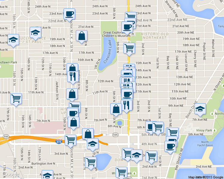 map of restaurants, bars, coffee shops, grocery stores, and more near 520 11th Avenue North in St. Petersburg