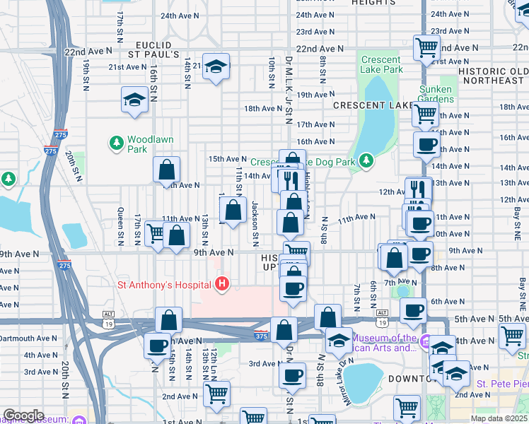 map of restaurants, bars, coffee shops, grocery stores, and more near 1105 Jackson Street North in St. Petersburg