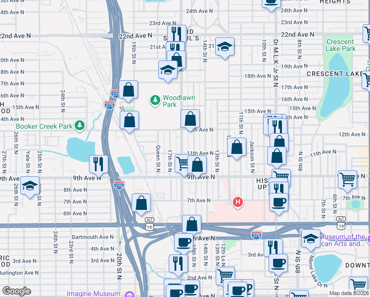 map of restaurants, bars, coffee shops, grocery stores, and more near 1101 16th Street North in St. Petersburg