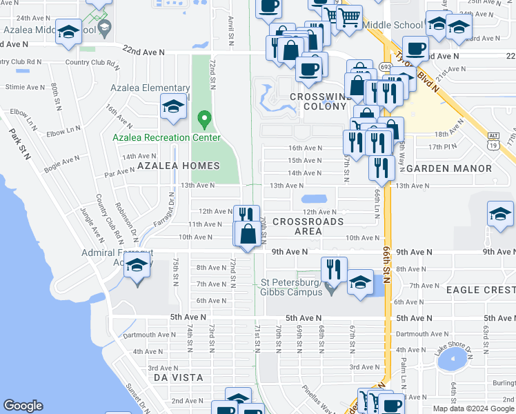 map of restaurants, bars, coffee shops, grocery stores, and more near 1131 72nd Street North in St. Petersburg