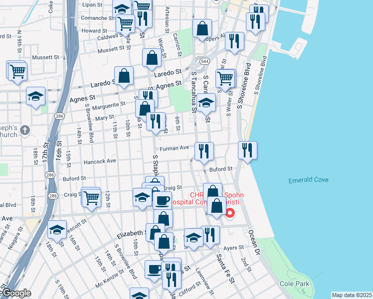 map of restaurants, bars, coffee shops, grocery stores, and more near 817 Furman Avenue in Corpus Christi