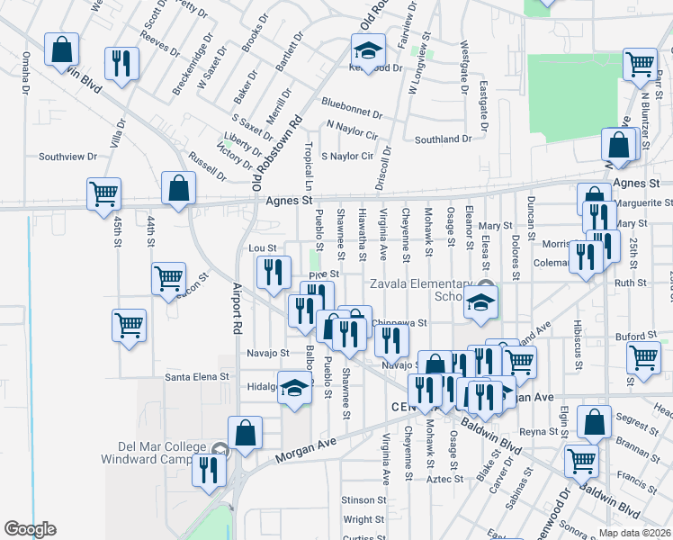map of restaurants, bars, coffee shops, grocery stores, and more near 301 Pueblo Street in Corpus Christi