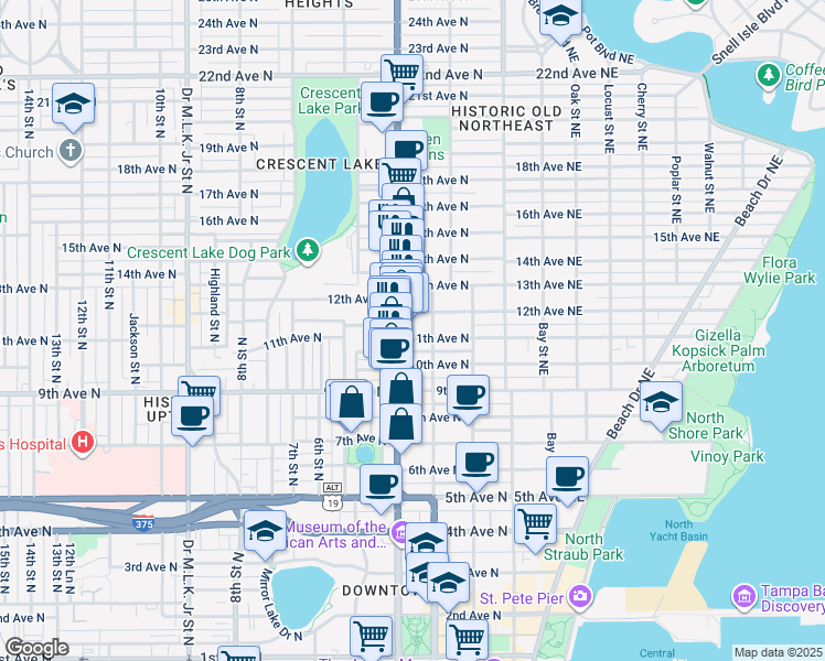 map of restaurants, bars, coffee shops, grocery stores, and more near 322 11th Avenue North in St. Petersburg