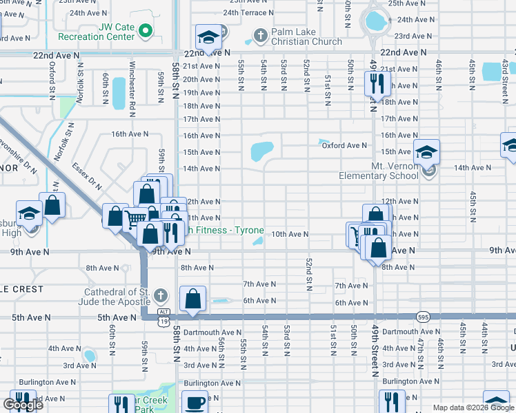 map of restaurants, bars, coffee shops, grocery stores, and more near 5401 11th Avenue North in St. Petersburg