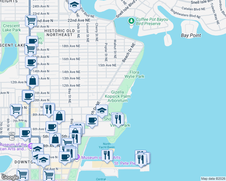 map of restaurants, bars, coffee shops, grocery stores, and more near 1100 North Shore Drive Northeast in St. Petersburg