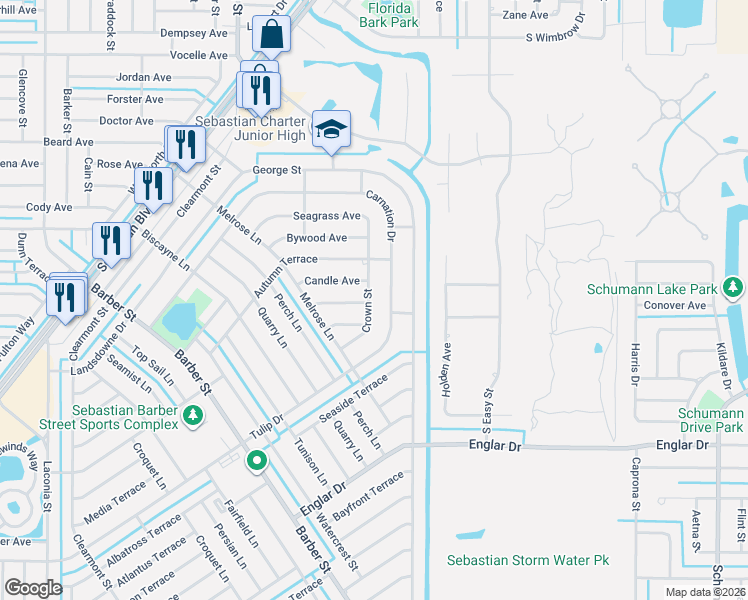map of restaurants, bars, coffee shops, grocery stores, and more near 934 Crown Street in Sebastian