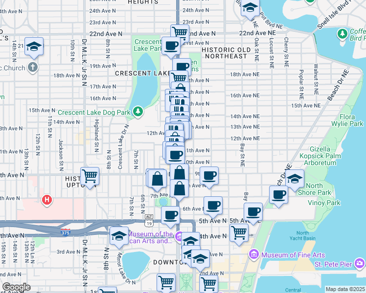 map of restaurants, bars, coffee shops, grocery stores, and more near 322 11th Avenue North in St. Petersburg