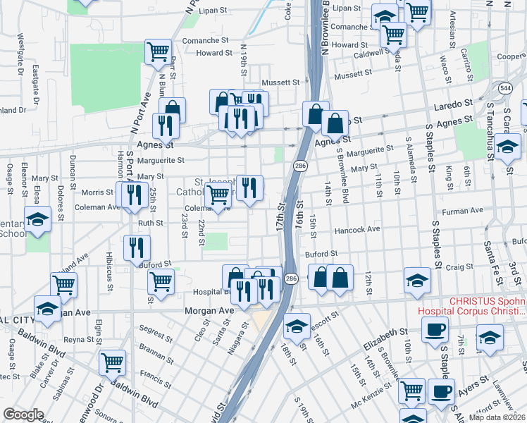 map of restaurants, bars, coffee shops, grocery stores, and more near 816 South 19th Street in Corpus Christi