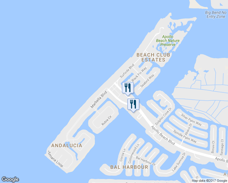 map of restaurants, bars, coffee shops, grocery stores, and more near 6411 Mayra Shores Lane in Apollo Beach