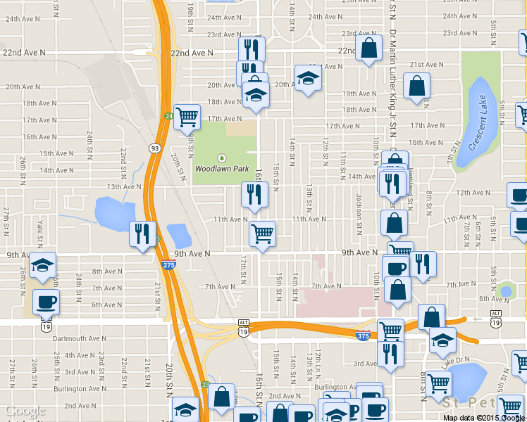 map of restaurants, bars, coffee shops, grocery stores, and more near 1101 16th Street North in St. Petersburg