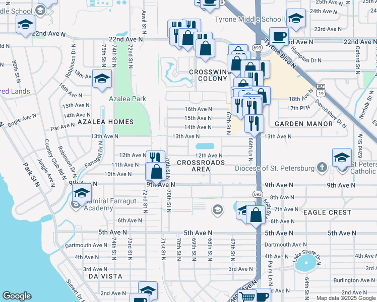map of restaurants, bars, coffee shops, grocery stores, and more near 6870 12th Avenue North in St. Petersburg