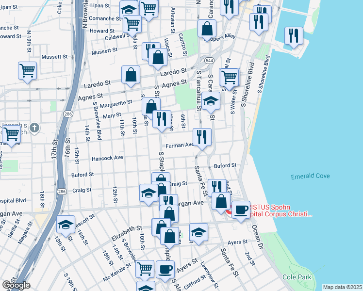 map of restaurants, bars, coffee shops, grocery stores, and more near 817 Furman Avenue in Corpus Christi