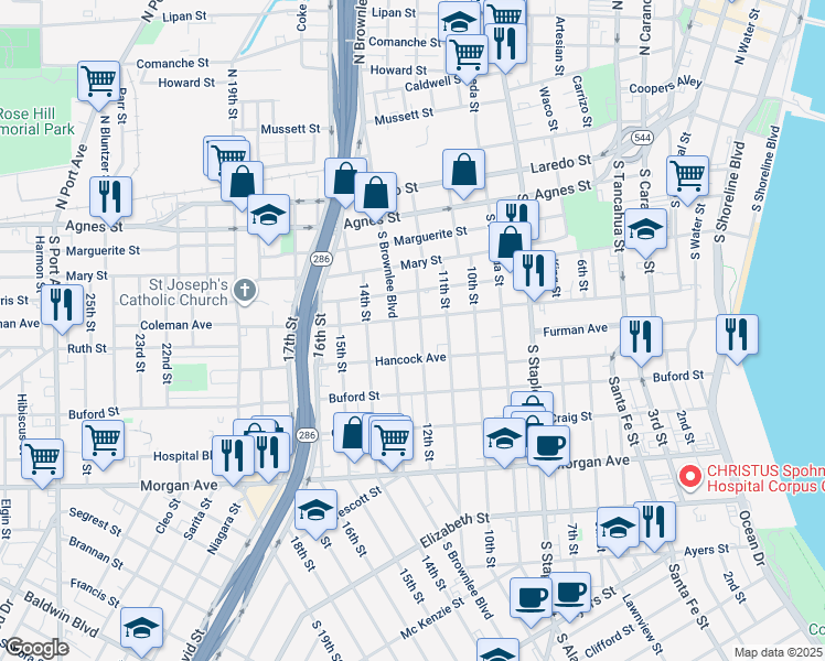 map of restaurants, bars, coffee shops, grocery stores, and more near 902 South Brownlee Boulevard in Corpus Christi