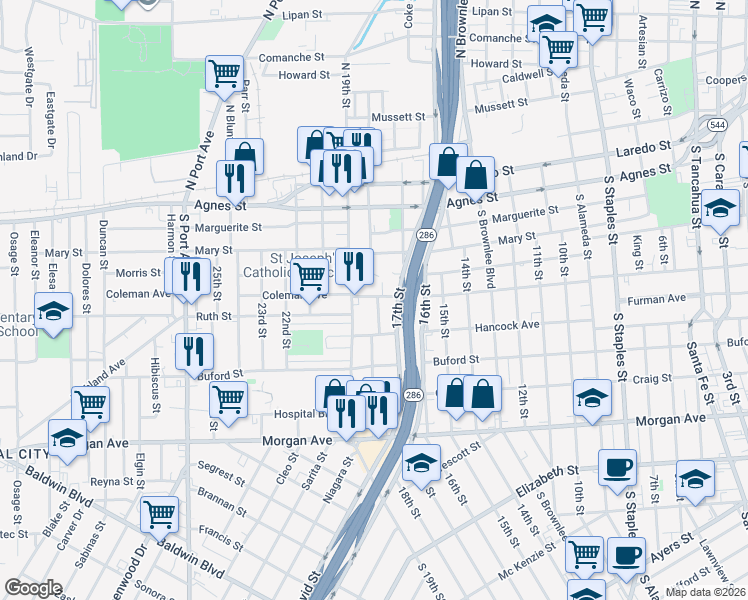 map of restaurants, bars, coffee shops, grocery stores, and more near 816 South 19th Street in Corpus Christi