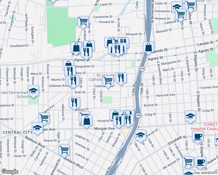 map of restaurants, bars, coffee shops, grocery stores, and more near 2306 Ruth Street in Corpus Christi