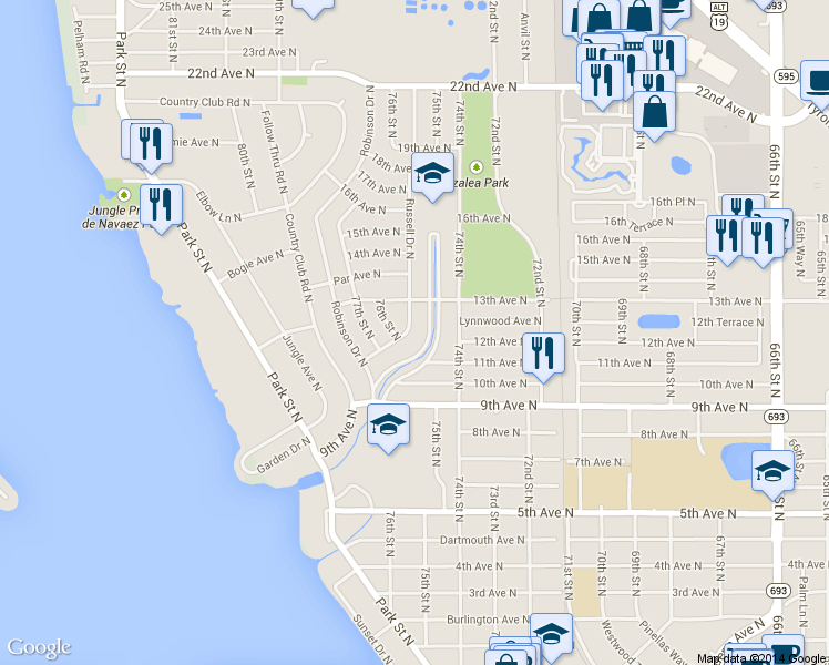 map of restaurants, bars, coffee shops, grocery stores, and more near 1211 Russell Dr N in St Petersburg