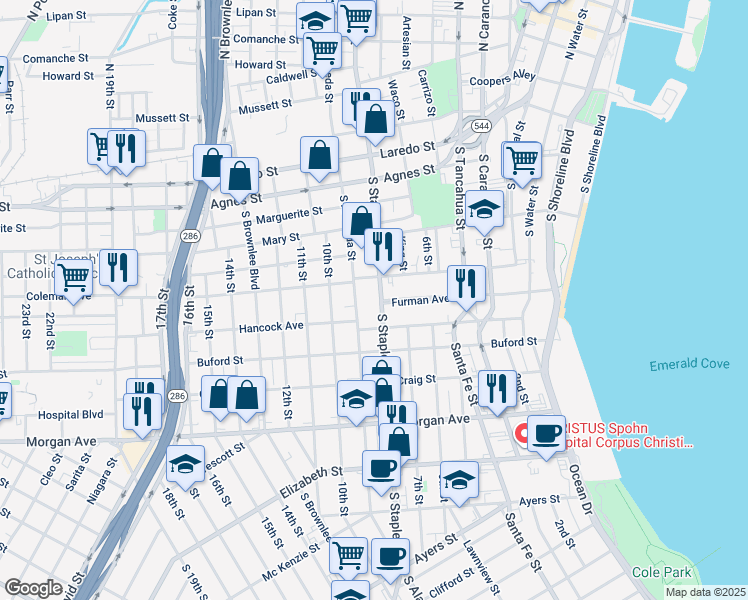 map of restaurants, bars, coffee shops, grocery stores, and more near 821 South Staples Street in Corpus Christi