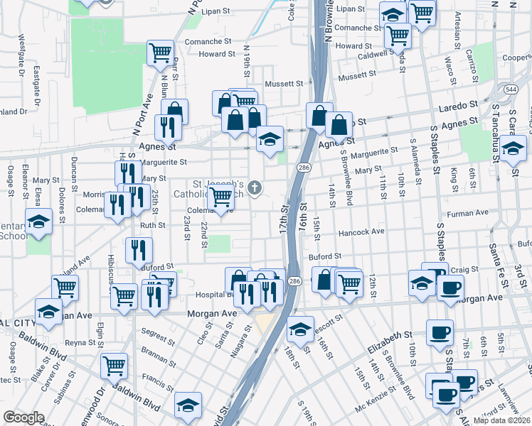 map of restaurants, bars, coffee shops, grocery stores, and more near 816 South 19th Street in Corpus Christi