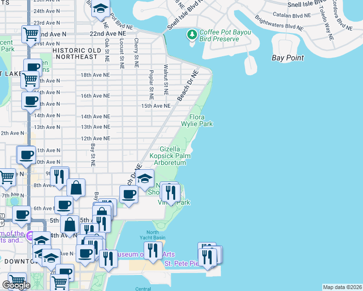 map of restaurants, bars, coffee shops, grocery stores, and more near 605 11th Avenue Northeast in St. Petersburg