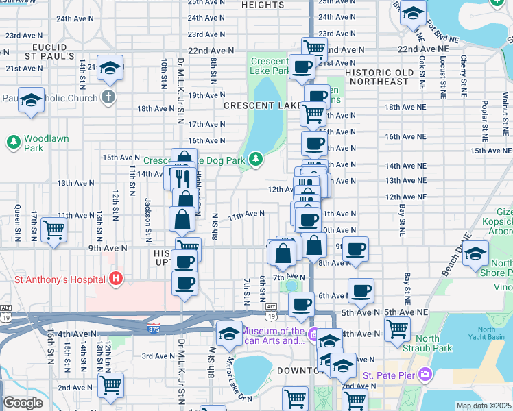 map of restaurants, bars, coffee shops, grocery stores, and more near 1048 7th Street North in St. Petersburg