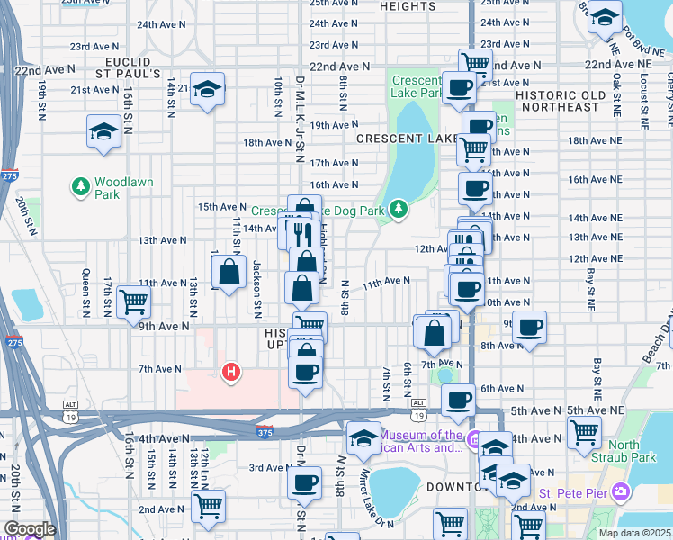 map of restaurants, bars, coffee shops, grocery stores, and more near 1115 Highland Street North in St. Petersburg