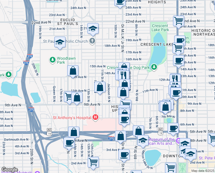 map of restaurants, bars, coffee shops, grocery stores, and more near 1105 Jackson Street North in St. Petersburg