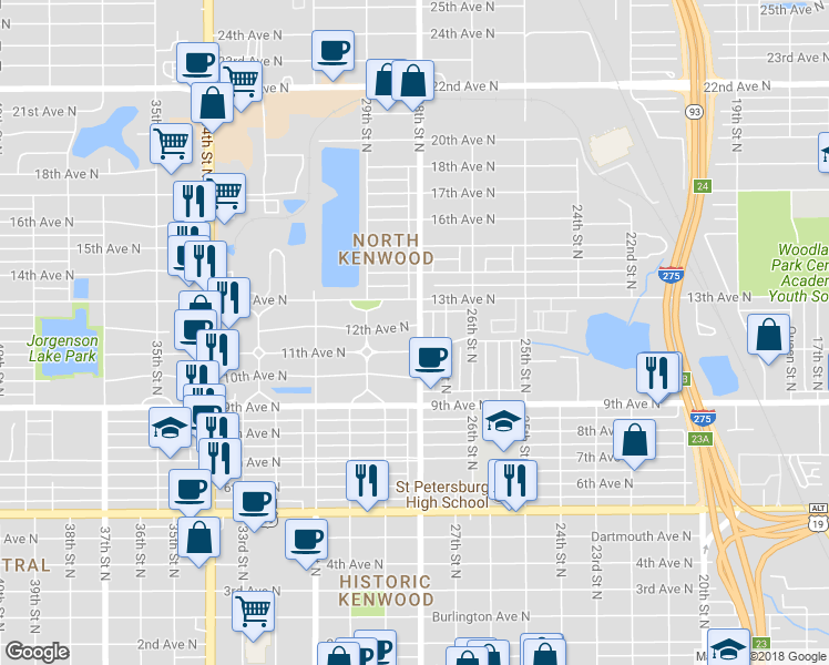 map of restaurants, bars, coffee shops, grocery stores, and more near 1101 28th Street North in St. Petersburg