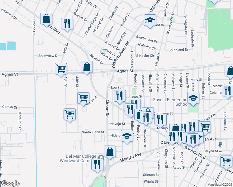 map of restaurants, bars, coffee shops, grocery stores, and more near 242 Vera Cruz Street in Corpus Christi