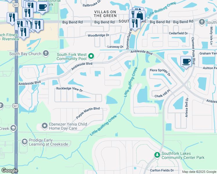 map of restaurants, bars, coffee shops, grocery stores, and more near 11119 Golden Silence Drive in Riverview