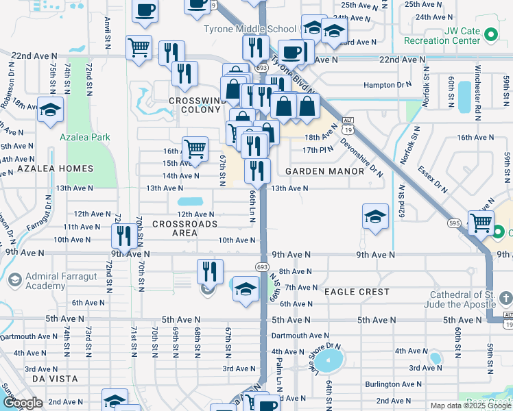 map of restaurants, bars, coffee shops, grocery stores, and more near 6632 12th Avenue North in St. Petersburg