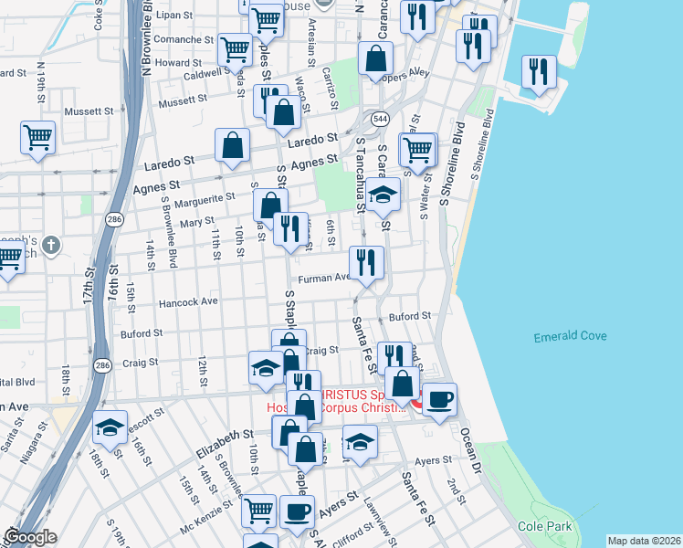 map of restaurants, bars, coffee shops, grocery stores, and more near 810 Furman Avenue in Corpus Christi