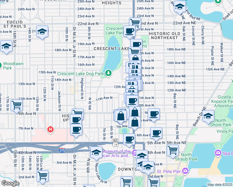 map of restaurants, bars, coffee shops, grocery stores, and more near 520 11th Avenue North in St. Petersburg