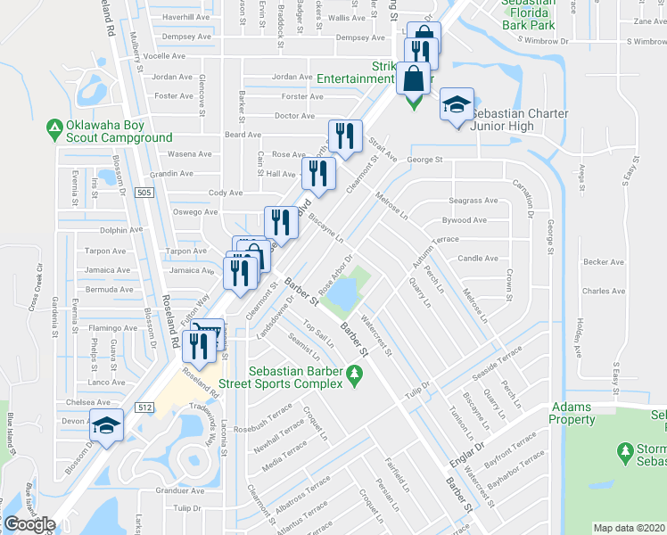 map of restaurants, bars, coffee shops, grocery stores, and more near 939 Rose Arbor Drive in Sebastian