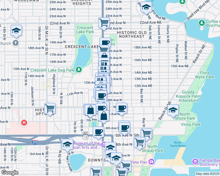 map of restaurants, bars, coffee shops, grocery stores, and more near 306 12th Avenue North in Saint Petersburg