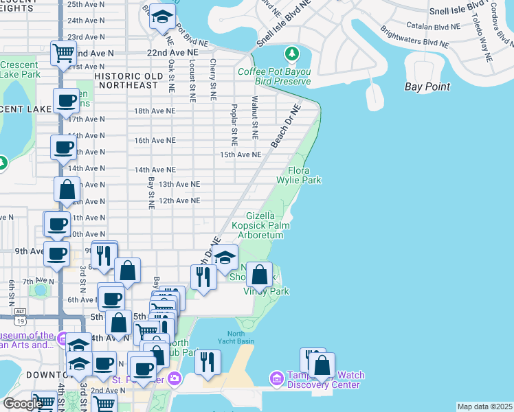 map of restaurants, bars, coffee shops, grocery stores, and more near 605 11th Avenue Northeast in St. Petersburg