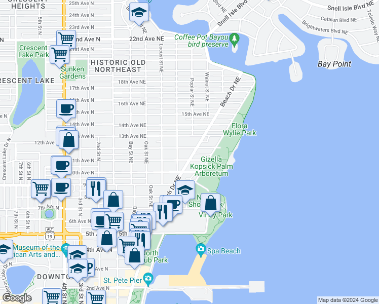 map of restaurants, bars, coffee shops, grocery stores, and more near 66 11th Avenue Northeast in St. Petersburg