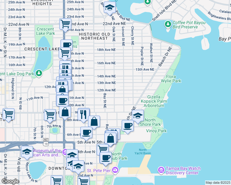 map of restaurants, bars, coffee shops, grocery stores, and more near 250 11th Avenue Northeast in St. Petersburg