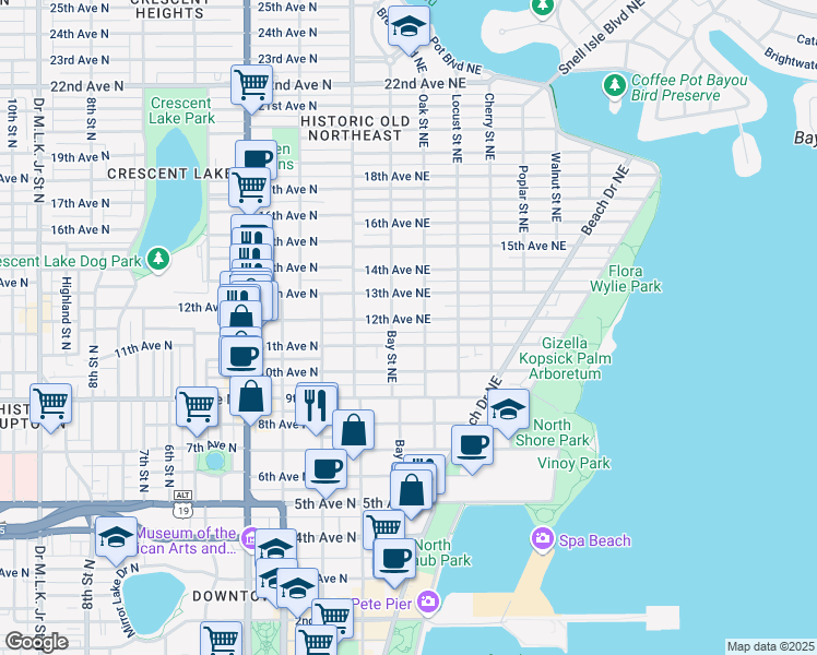 map of restaurants, bars, coffee shops, grocery stores, and more near 250 11th Avenue Northeast in St. Petersburg