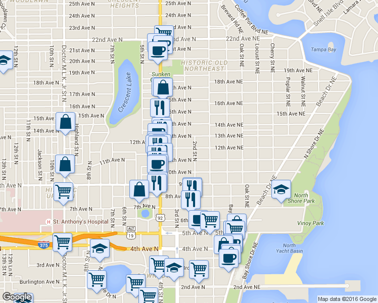 map of restaurants, bars, coffee shops, grocery stores, and more near 218 11th Avenue North in St. Petersburg