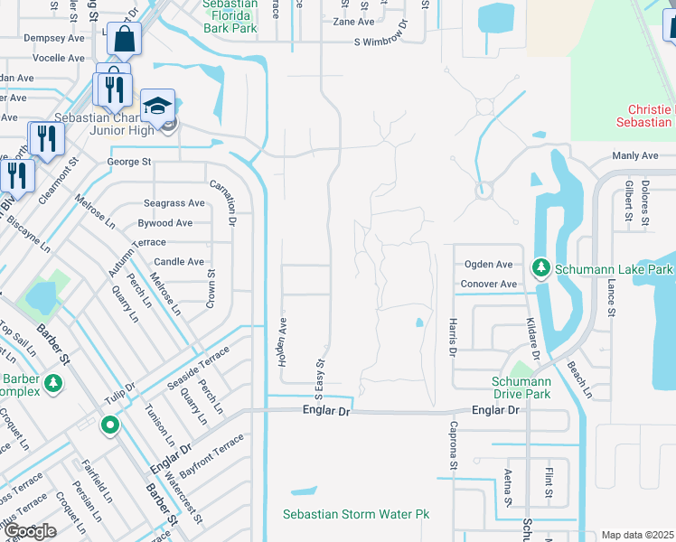 map of restaurants, bars, coffee shops, grocery stores, and more near 749 South Easy Street in Sebastian