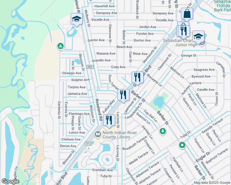 map of restaurants, bars, coffee shops, grocery stores, and more near 929 Fulton Way in Sebastian